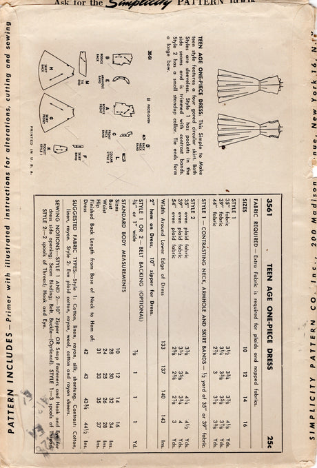 1950's Simplicity Fit and Flare Dress Pattern with Banded Detail or Pussy Bow - Bust 32" - No. 3561
