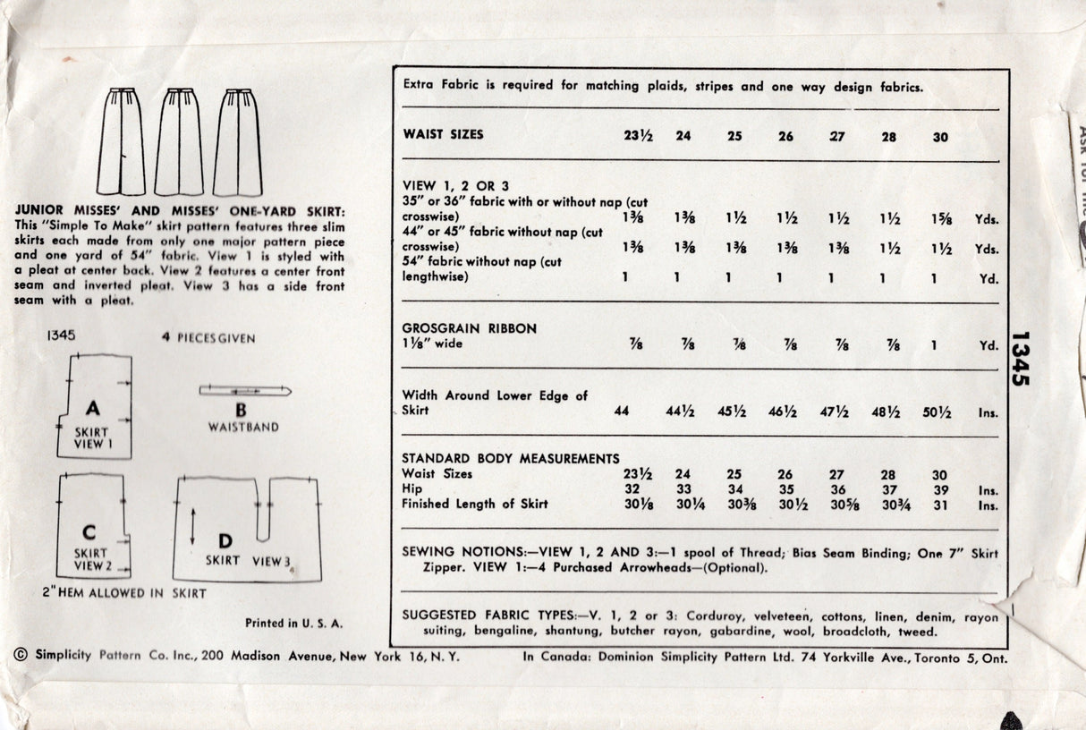 1950’s Simplicity Slim skirt with Arrow Darts - Waist 30" - No. 1345