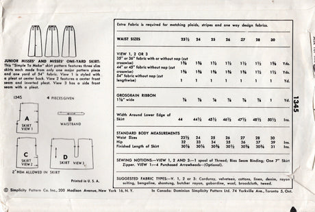 1950’s Simplicity Slim skirt with Arrow Darts - Waist 30" - No. 1345