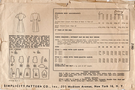 1940's Simplicity Button Front Dress Pattern with Flutter or 3/4 Sleeve and Tucked Shoulders - Bust 34" - No. 2080