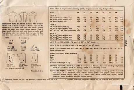 1950's Simplicity Maternity Blouse with Boat Neckline or Standing Collar - Bust 30" - No. 1552