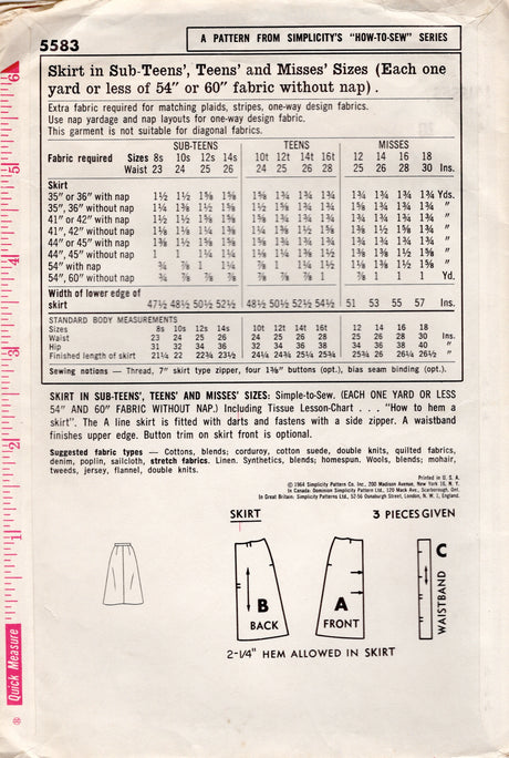 1960's Simplicity A-line Skirt Pattern - Waist 28" - No. 5583