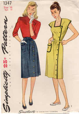 1940's Simplicity Dress with Crossover Button Closure with Two Necklines - Bust 34