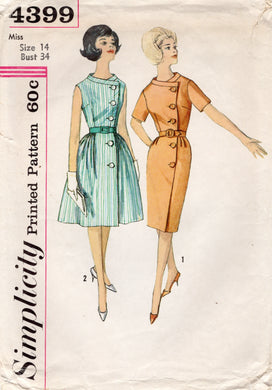 1960's Simplicity Wraparound Dress with Side Button Closure with Two Skirt Options - Bust 34