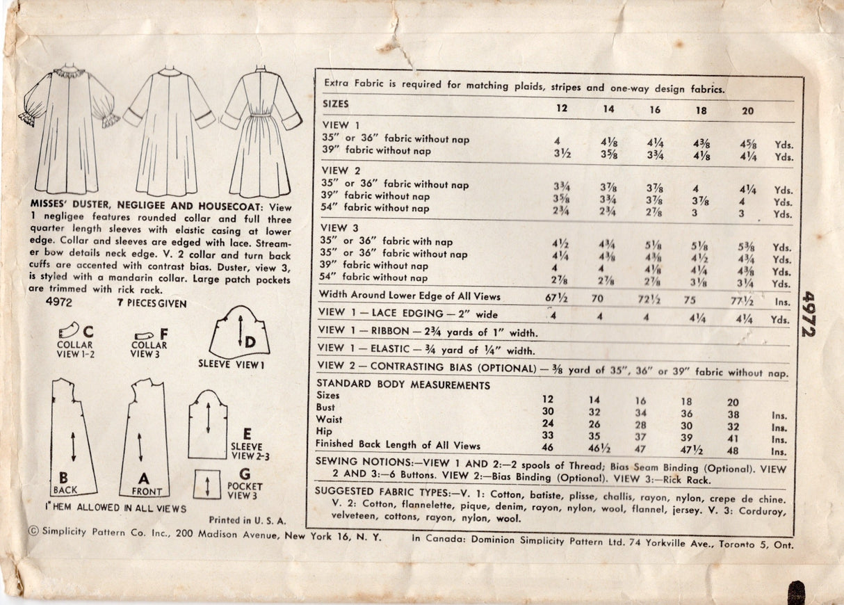 1950's Simplicity Duster, Negligee and Housecoat Pattern - Bust 34" - No. 4972