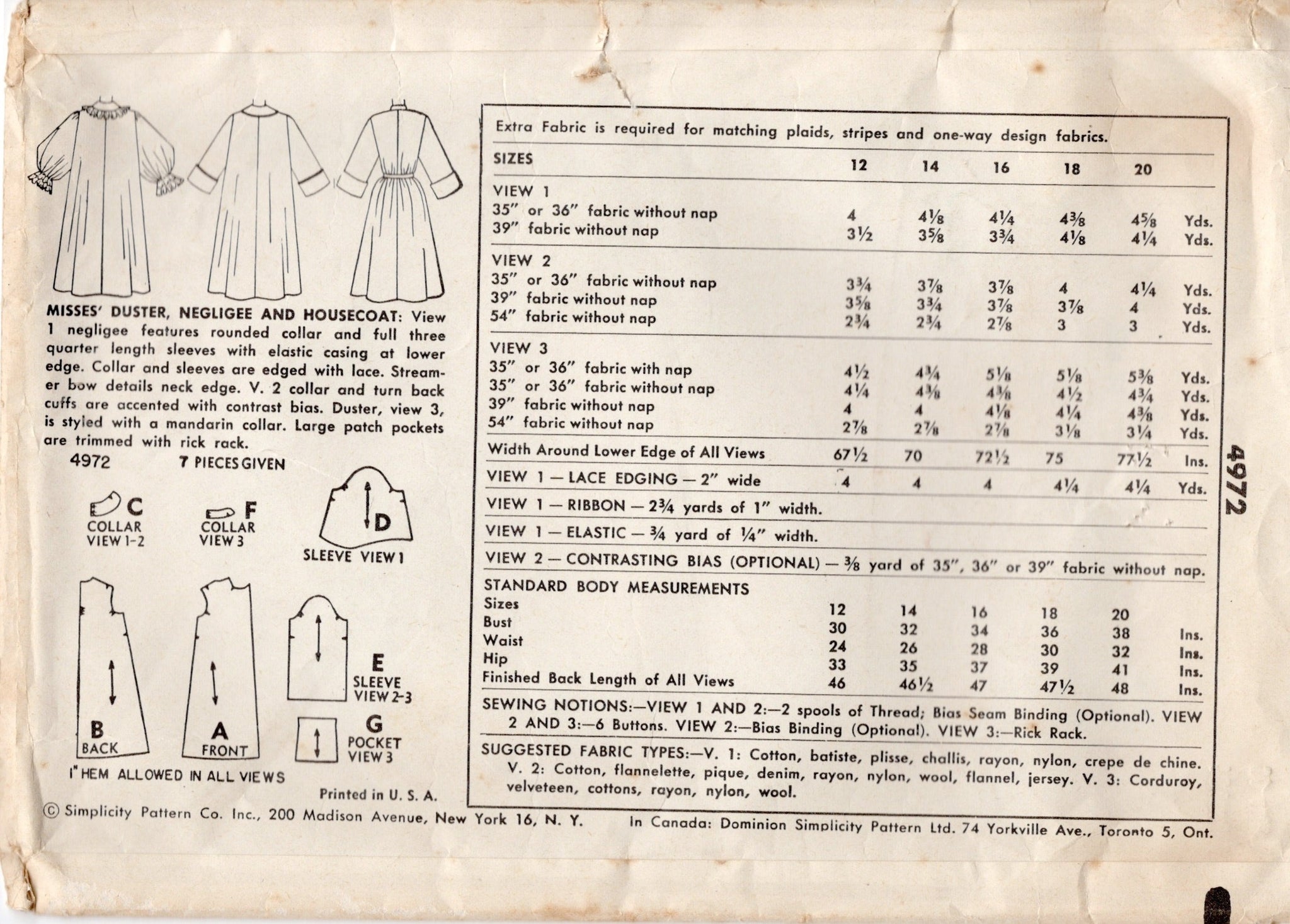 1950's Simplicity Duster, Negligee and Housecoat Pattern - Bust 34 ...