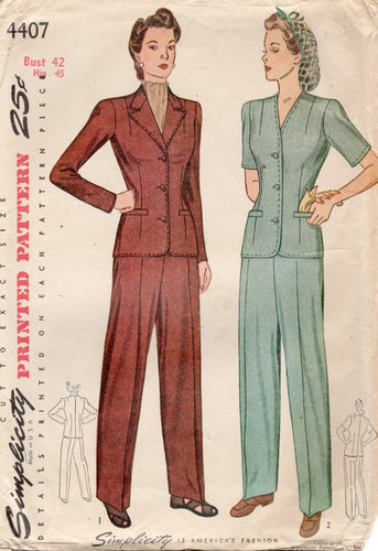 1940’s Simplicity Two Piece High-Waisted Pants Suit - Bust 42” - No. 4407