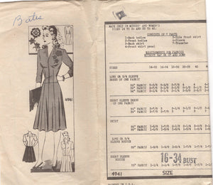 1940's Anne Adams Drop Waist V Neck Dress and 8 Gore Skirt Pattern - Bust 34" - No. 4941