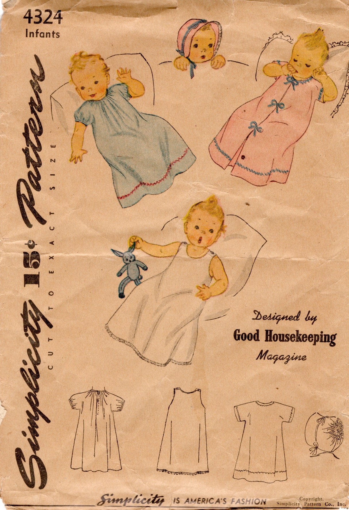 1940's Simplicity Infant Wrapper, Slip, Dress and Bonnet Pattern -  One Size - No. 4324
