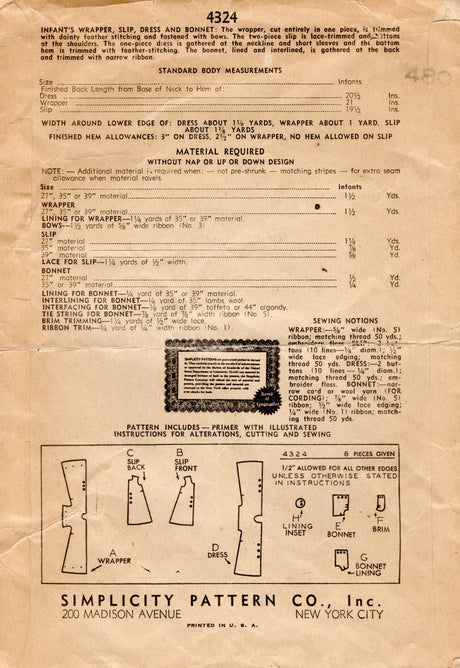 1940's Simplicity Infant Wrapper, Slip, Dress and Bonnet Pattern -  One Size - No. 4324