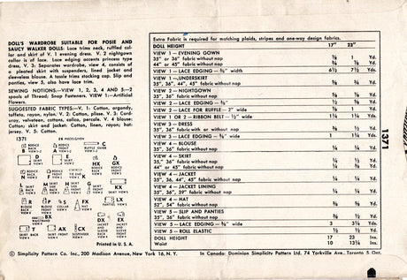 1950's Simplicity Doll Clothes Wardrobe Pattern - 23" doll - No. 1371