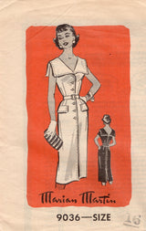 1950’s Marian Martin Sheath Dress Pattern with Large Self Collar - Bust 34” - No. 9036