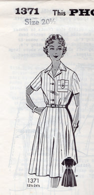 1950’s Mail Order Shirtwaist Dress Pattern with Patch Pocket - Bust 41” - No. 1371