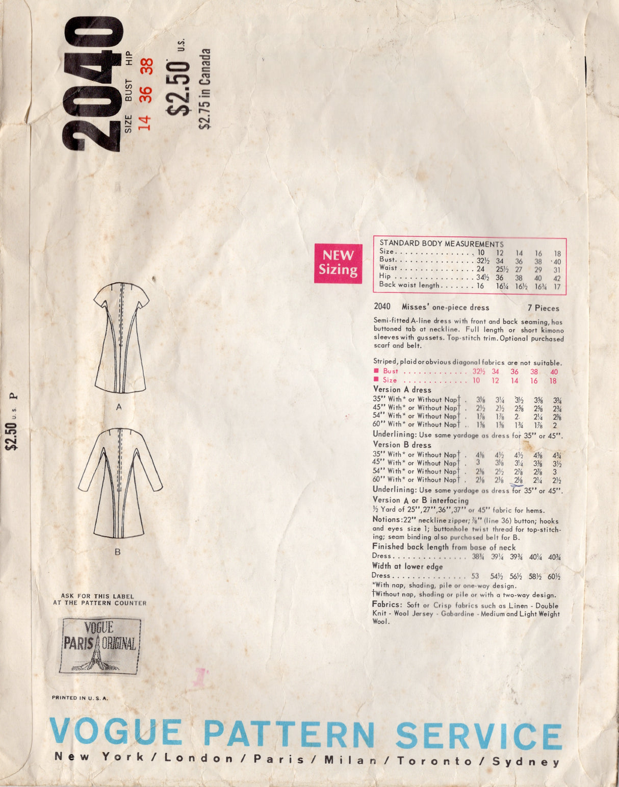 1960's Vogue Paris Original One Piece Dress with Center Accent Panel - MOLYNEUX - Bust 36" - No. 2040