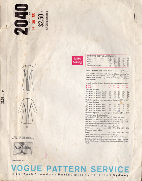 1960's Vogue Paris Original One Piece Dress with Center Accent Panel - MOLYNEUX - Bust 36" - No. 2040