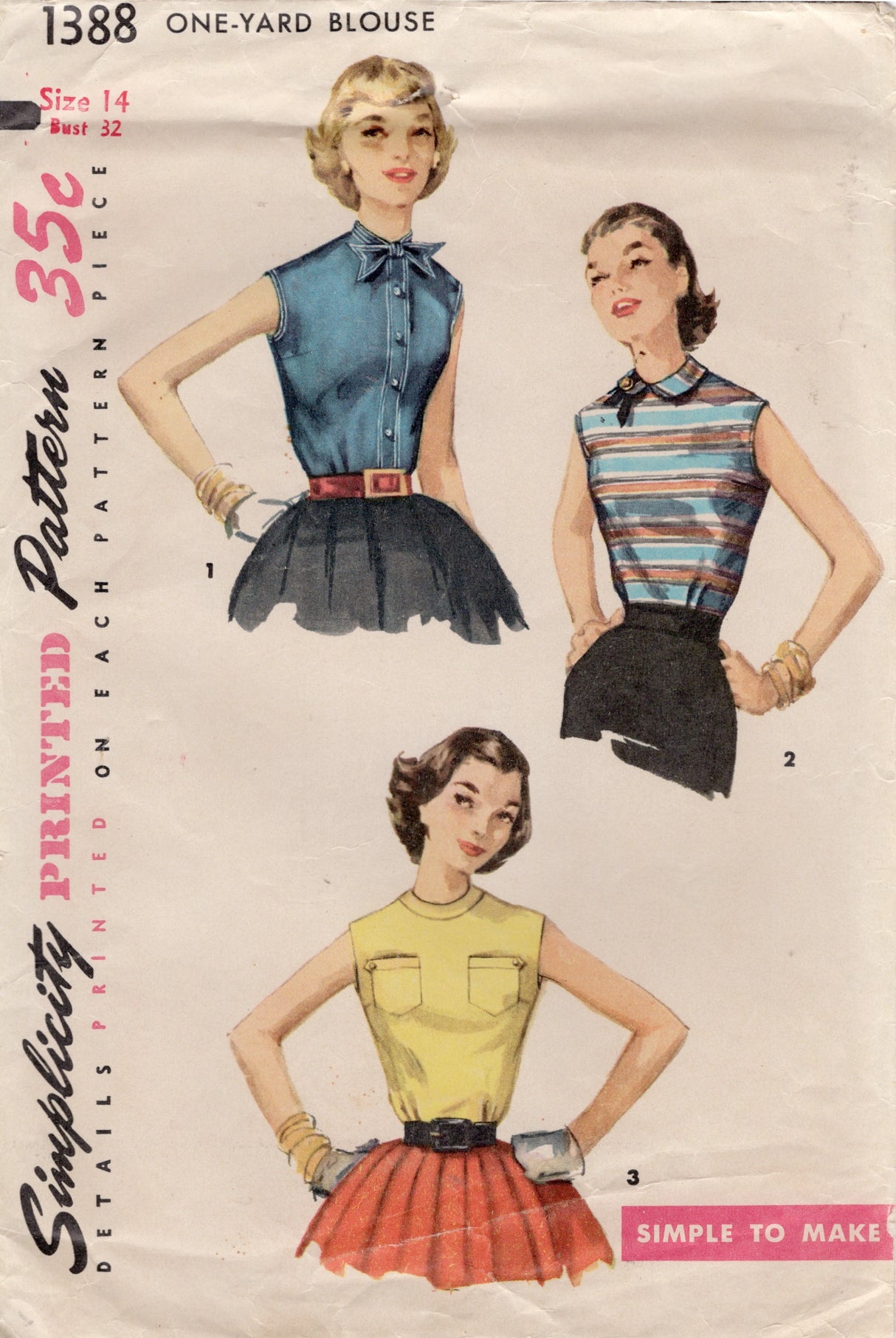 1950's Simplicity One-Yard Button Up Blouse Pattern with Pockets and Collar options - Bust 32" - No. 1388