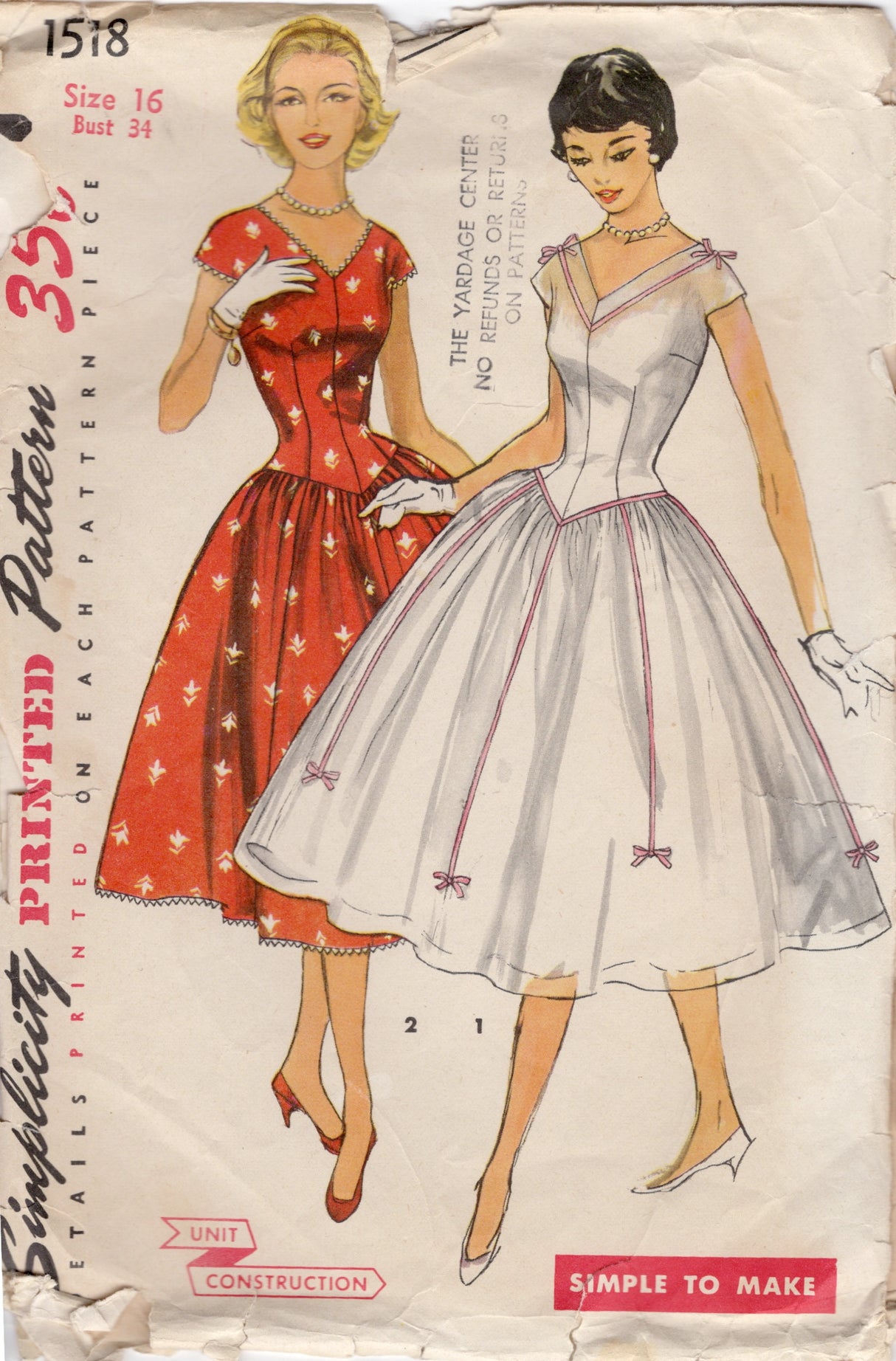 1950's Simplicity One Piece Fit and Flare Dress with Drop Waist and V neck - Bust 34" - No. 1518