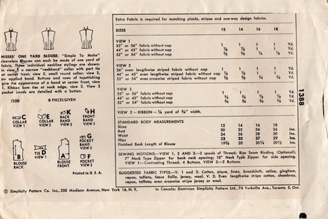 1950's Simplicity One-Yard Button Up Blouse Pattern with Pockets and Collar options - Bust 32" - No. 1388