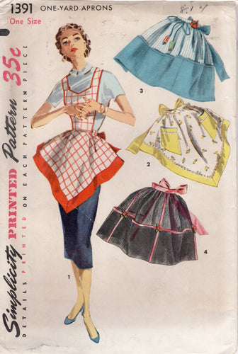 1950's Simplicity Half or Full One-Yard Apron Pattern with Pockets - One Size - No. 1391