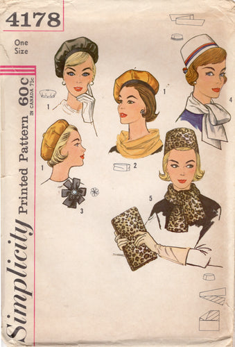 1960's Simplicity Pillbox Hat, Beret, Scarf and Purse Pattern - One Size - No. 4178