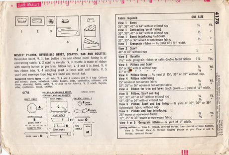 1960's Simplicity Pillbox Hat, Beret, Scarf and Purse Pattern - One Size - No. 4178