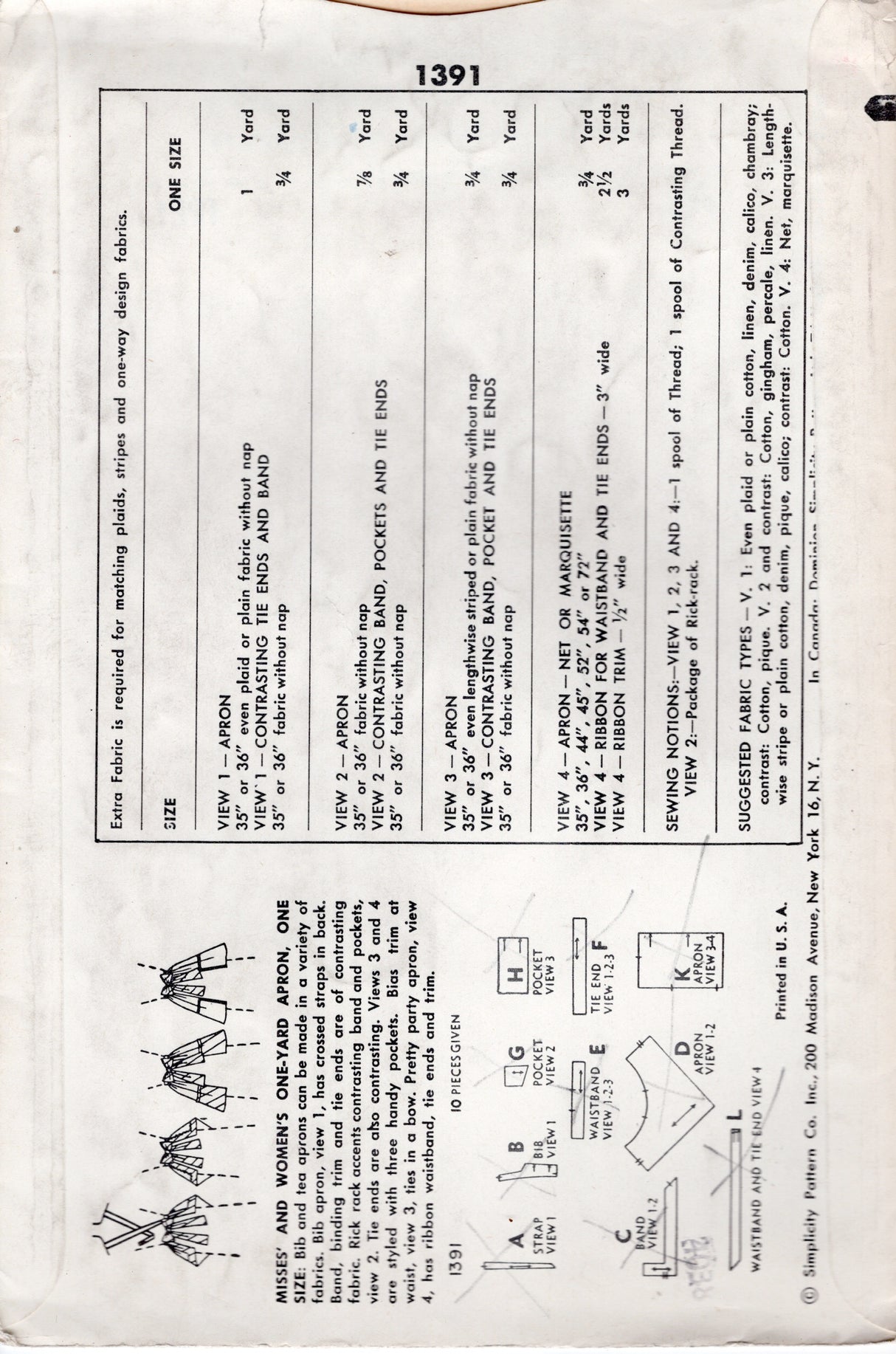 1950's Simplicity Half or Full One-Yard Apron Pattern with Pockets - One Size - No. 1391