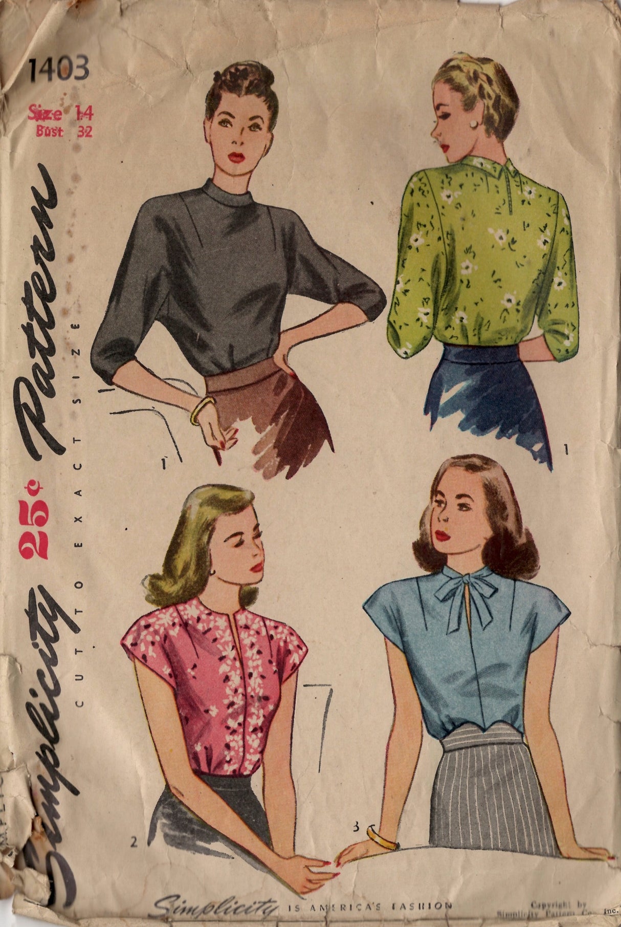 1940's Simplicity Pullover Blouse with Collar or Thin Bow and Slit Neckline pattern - Bust 32" - No. 1403