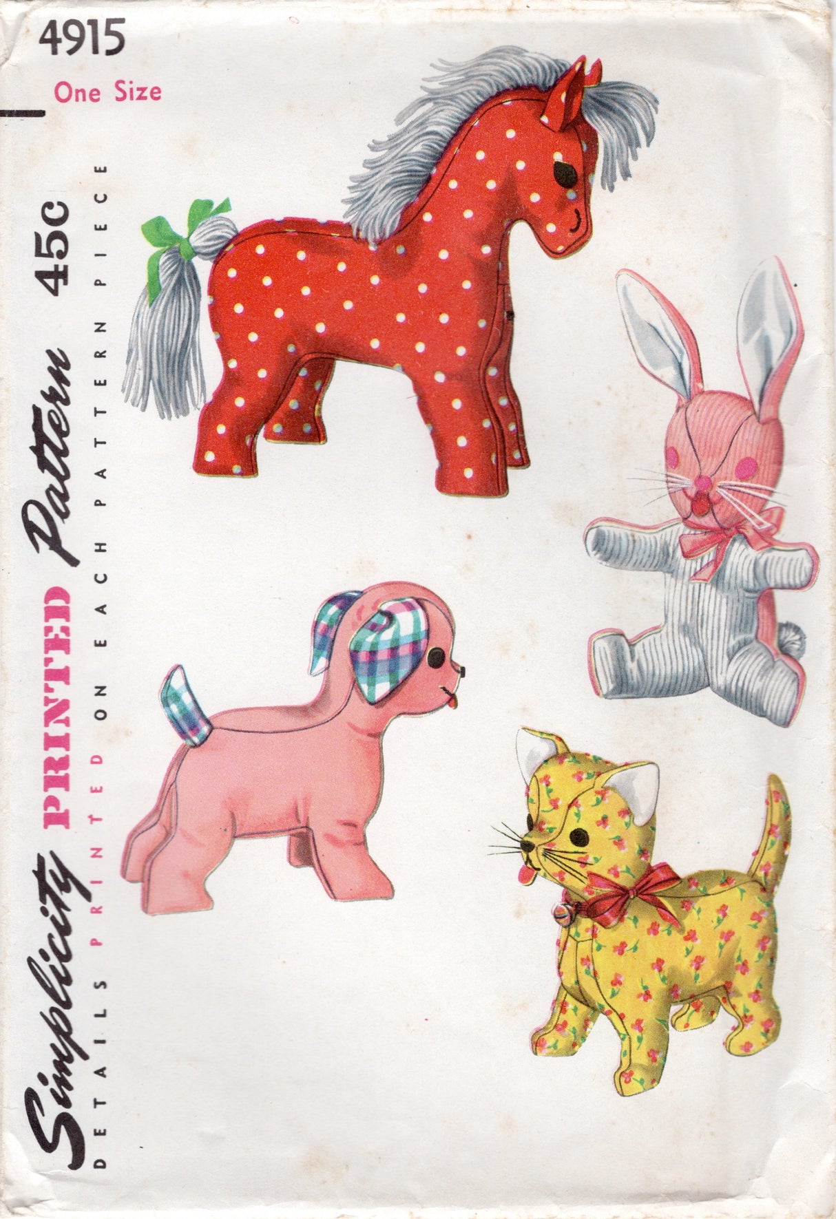 1950's Simplicity Cat, Dog, Horse and Rabbit Stuffed Animal Pattern - No. 4915