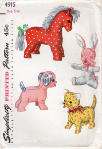 1950's Simplicity Cat, Dog, Horse and Rabbit Stuffed Animal Pattern - No. 4915