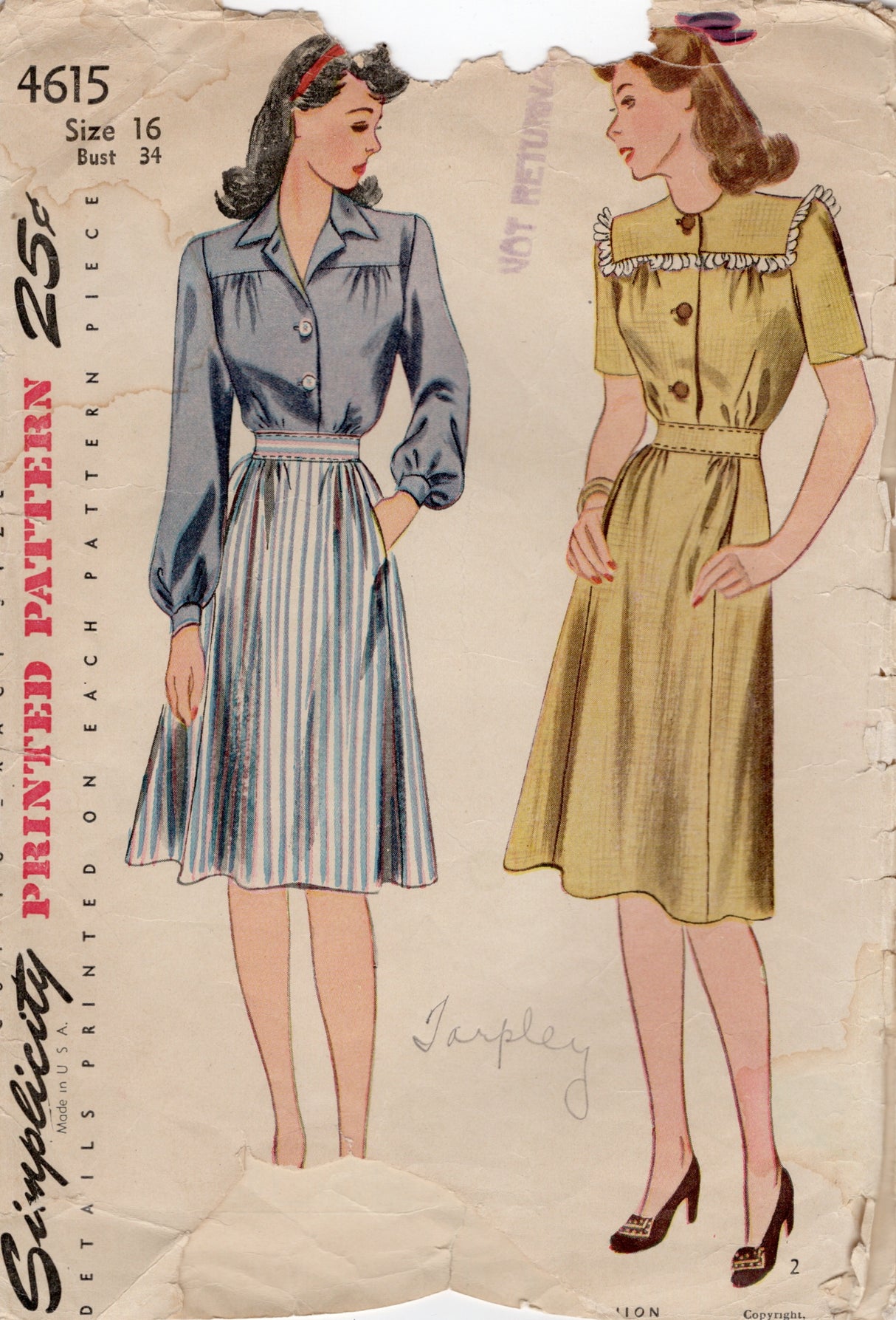 1940's Simplicity Shirtwaist Dress Pattern with Large Yoke and Pockets - Bust 34" - No. 4615