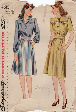 1940's Simplicity Shirtwaist Dress Pattern with Large Yoke and Pockets - Bust 34