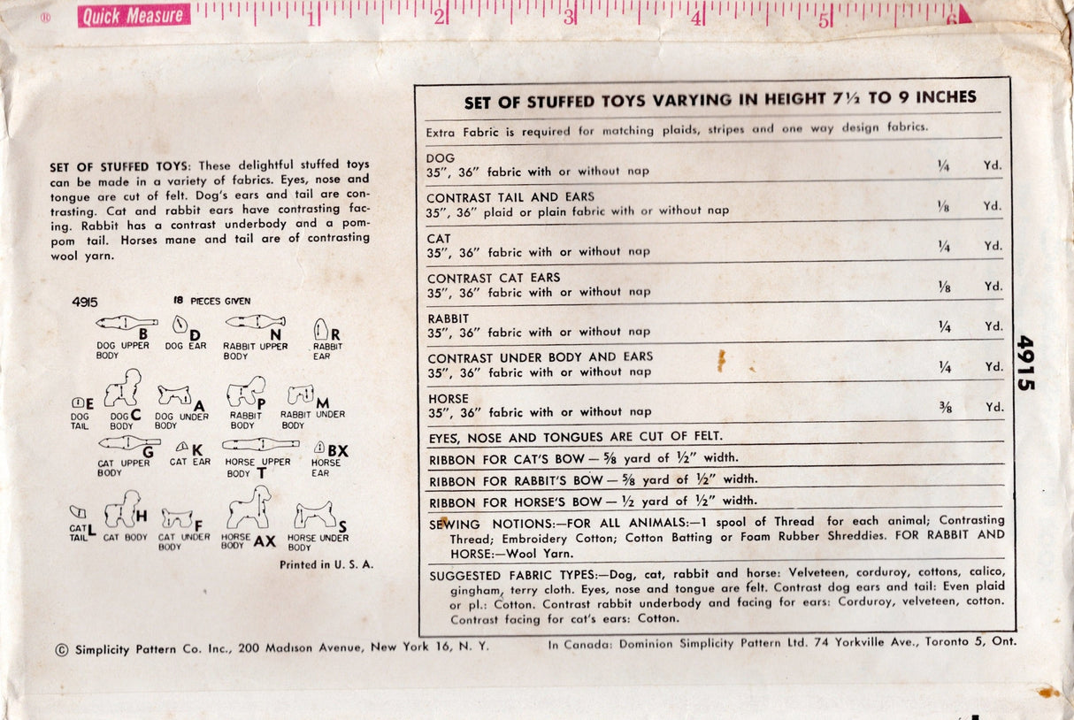 1950's Simplicity Cat, Dog, Horse and Rabbit Stuffed Animal Pattern - No. 4915