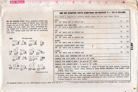 1950's Simplicity Cat, Dog, Horse and Rabbit Stuffed Animal Pattern - No. 4915