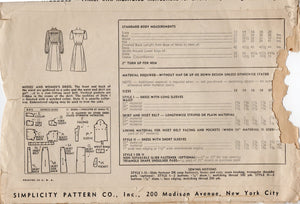 1940's Simplicity Shirtwaist Dress Pattern with Large Yoke and Pockets - Bust 34" - No. 4615