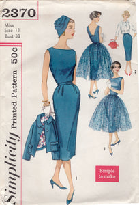 1950's Simplicity Sheath Dress, Bolero and Overskirt Pattern with Notched Deep V Back - Bust 38" - No. 2370