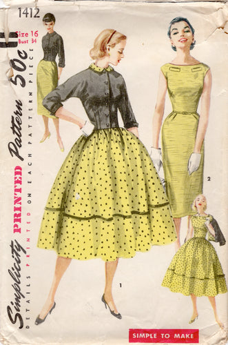 1950's Simplicity Fit and Flare or Sheath Dress with Boat Neck Pattern and Bolero Jacket - Bust 34