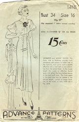 1930's Advance One Piece Dress with Shirred Front Panels and Puff Sleeves - Bust 34" - No. 1416