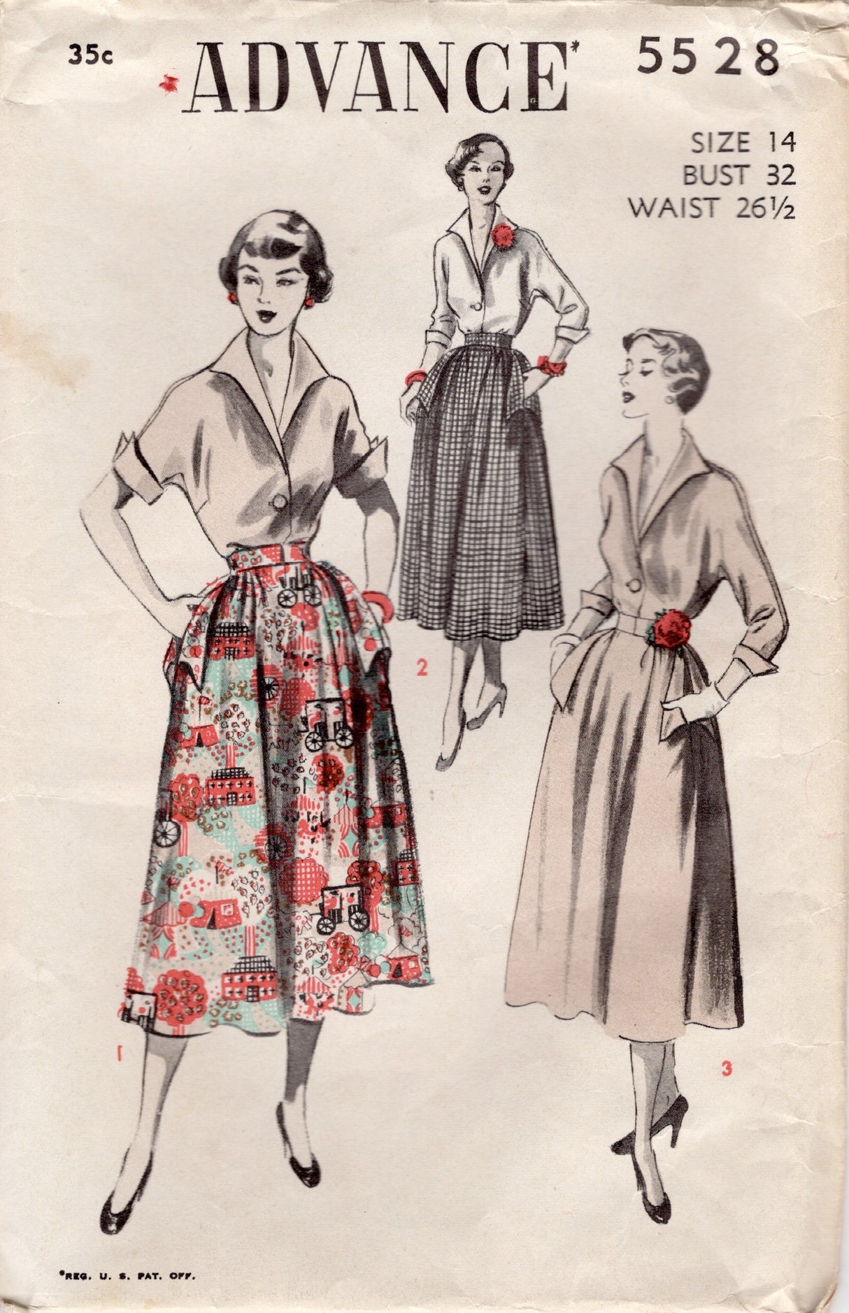 1950's Advance Single Button Blouse and Gathered Skirt with Pockets Pattern - Bust 32" - No. 5528