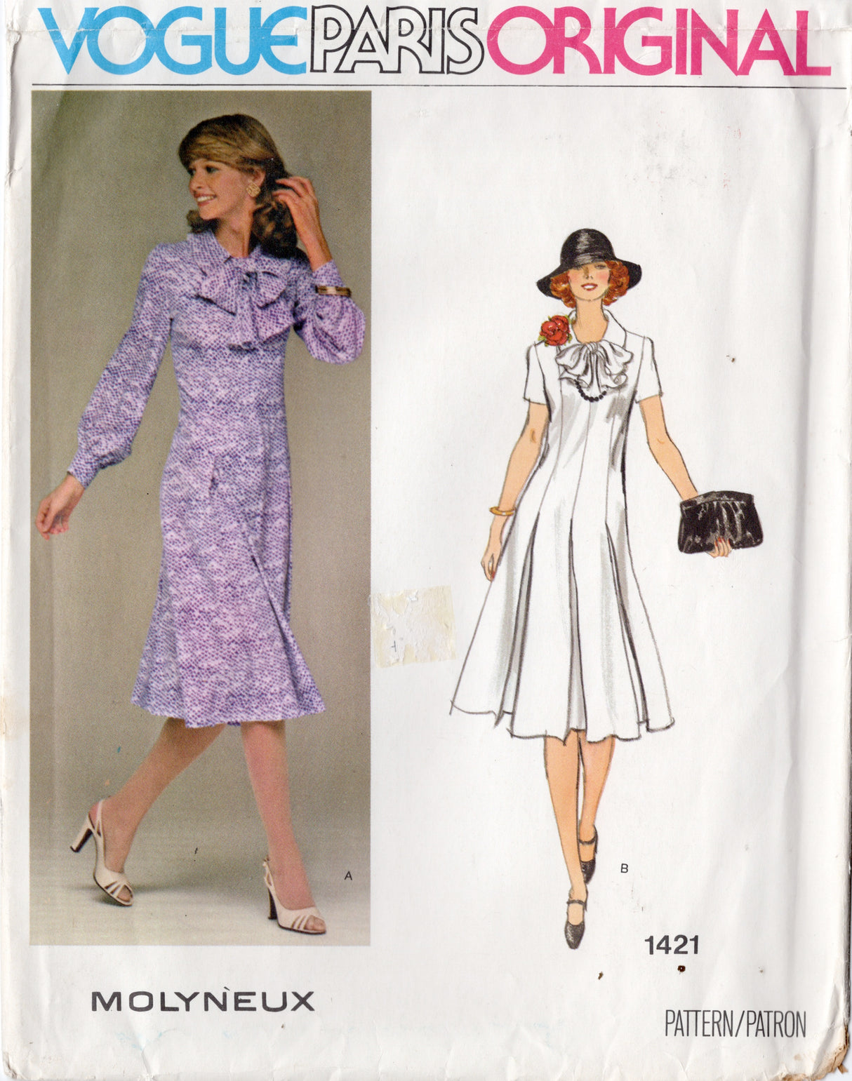 1970's Vogue Paris Original Princess Line Dress Pattern with Bussy Bow  - Bust 40" - No. 1421