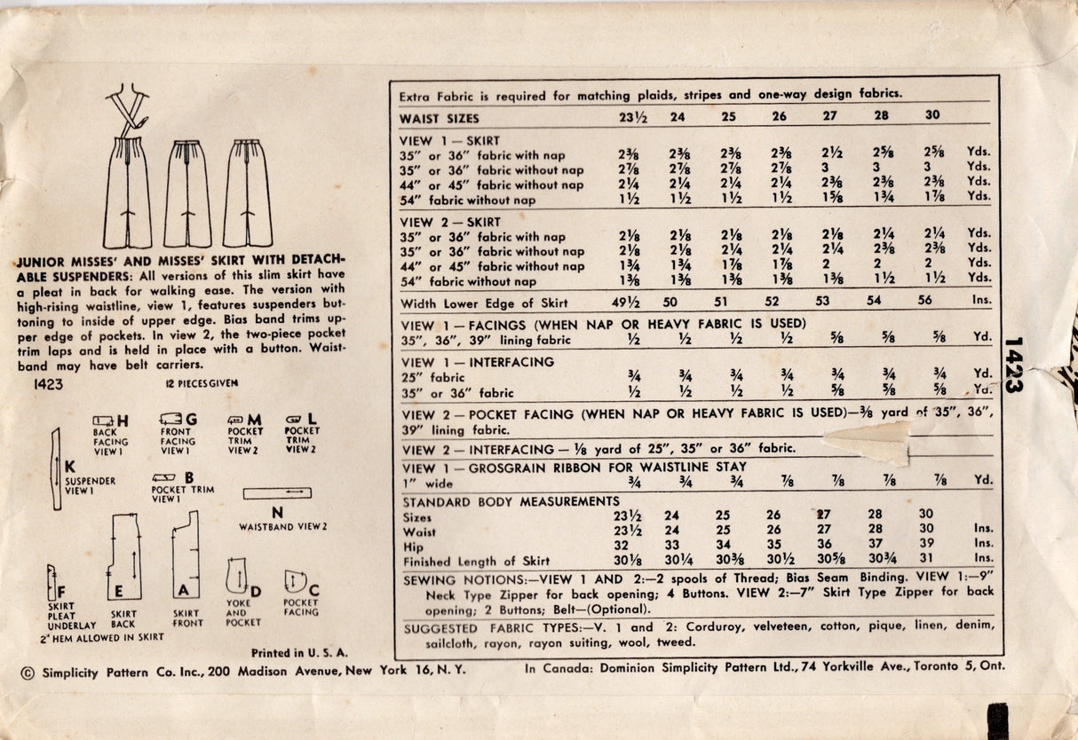 1950's Simplicity Suspendered Raised Waist Pencil Skirt Pattern - Waist 28"  - no. 1423