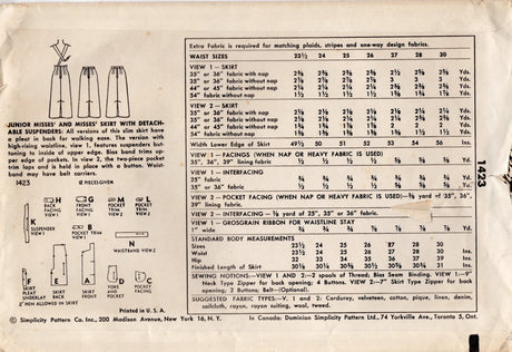 1950's Simplicity Suspendered Raised Waist Pencil Skirt Pattern - Waist 28"  - no. 1423