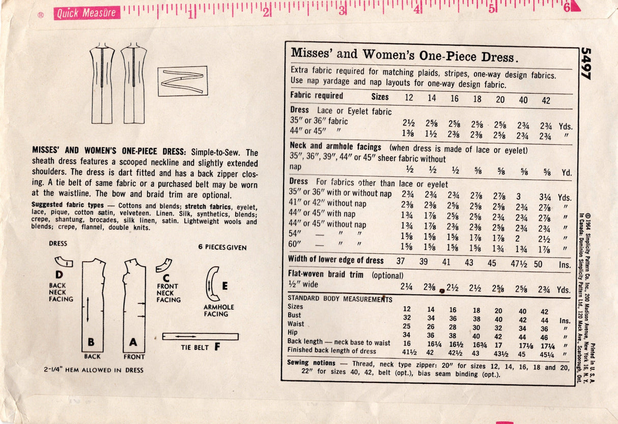 1960's Simplicity Sheath Dress and Belt Pattern - Bust 36" - No. 5497