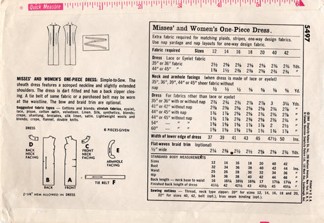 1960's Simplicity Sheath Dress and Belt Pattern - Bust 36" - No. 5497