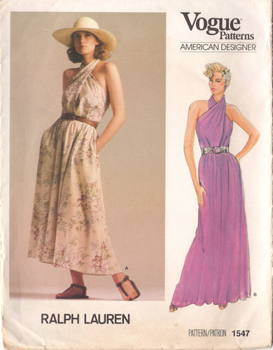 1980's Vogue American Designer Halter Crossover Bodice Midi or Maxi Dress Pattern - Bust 34