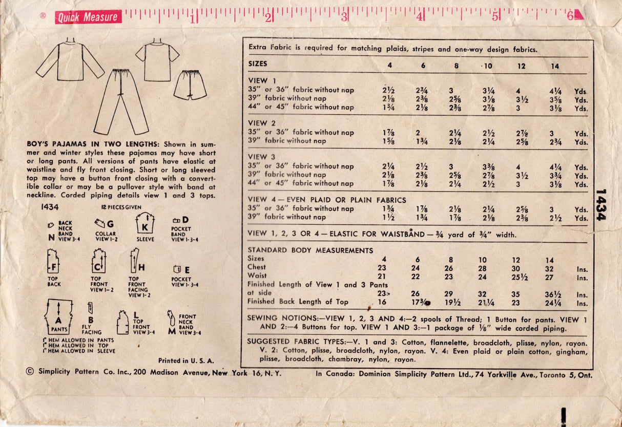 1950's Simplicity Child's Two Piece Pajama Pattern - Chest 23" - No. 1434