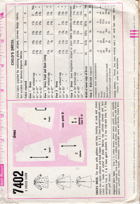 1960's Simplicity Child's Pullover Dress Pattern - Chest 21" - No. 7402