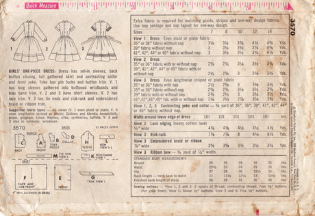 1960's Simplicity Child's Fit and Flare Dress with Tucked Yoke Pattern - Chest 26" - No. 3570
