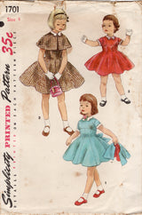 1950's Simplicity Child's Empire Waist Dress and Cape pattern - Chest 23" - No. 1701