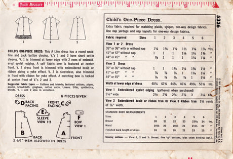 1960's Simplicity Child's Tent Dress Pattern - Chest 23" - No. 5336