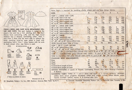 1950's Simplicity Child's Empire Waist Dress and Cape pattern - Chest 23" - No. 1701